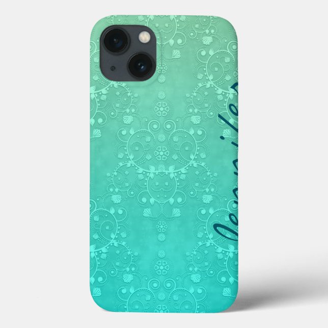 Coques Case-Mate iPhone Aquamarine Fancy Damask Turquoise Art personnalisé (Verso)