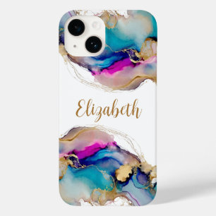 Coque Case-Mate iPhone Aquarelle Abstrait Lavis Violet Bleu Or Monogramme