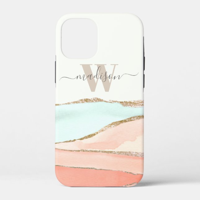 Coques Case-Mate iPhone Aquarelle Abstraite côtière avec nom et monogramme (Verso)