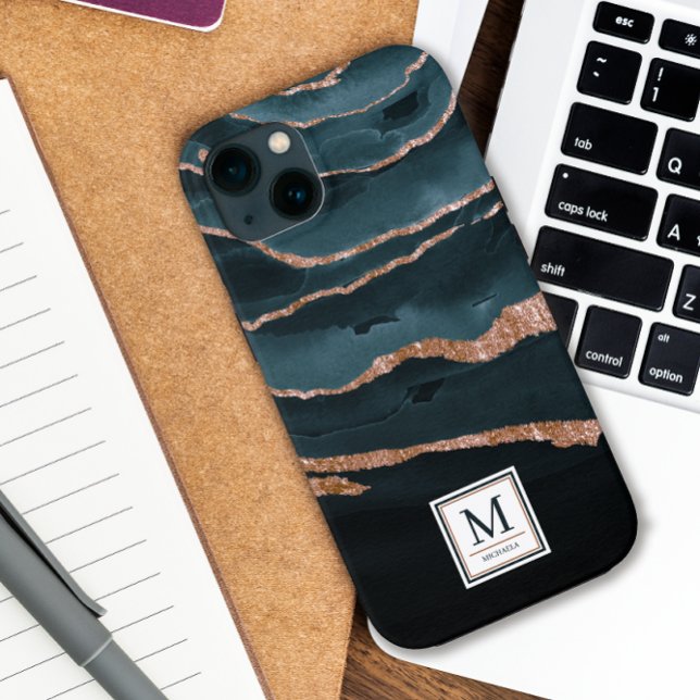 Coques Case-Mate iPhone Aquarelle Abstraite élégante bleu marine et cuivre (Créateur téléchargé)