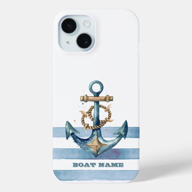 Coques Case-Mate iPhone Aquarelle Ancre marine Bleu clair rayures (Verso)