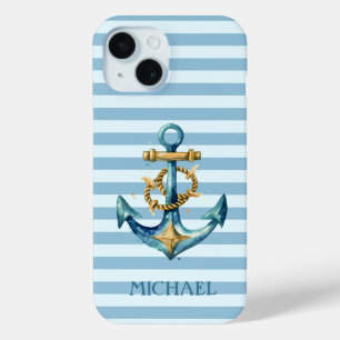 Coque Case-Mate iPhone Aquarelle Ancre marine Bleu clair rayures