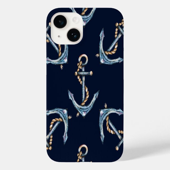 Coques Case-Mate iPhone Aquarelle Ancres Bleu Nuit (Verso)