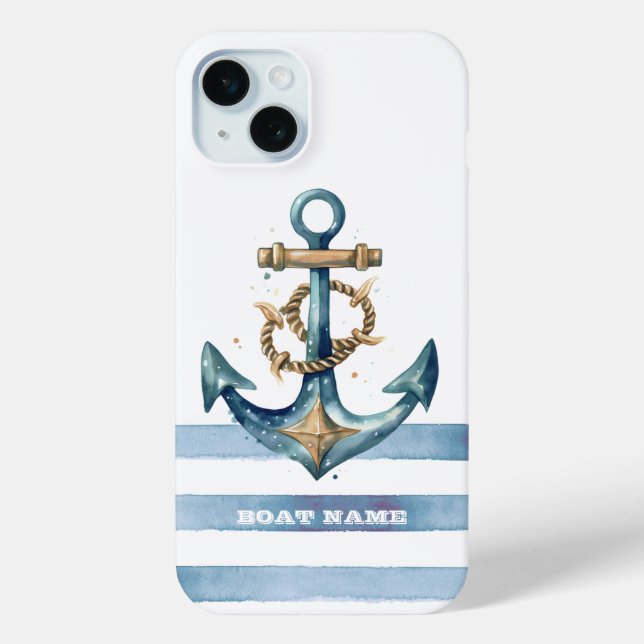 Coques Case-Mate iPhone Aquarelle Ancres Naïves Rayures Bleu Clair (Verso)