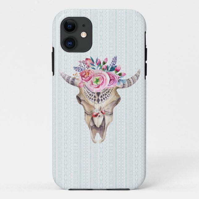 Coques Case-Mate iPhone Aquarelle Bison Crâne Avec Fleurs (Dos)