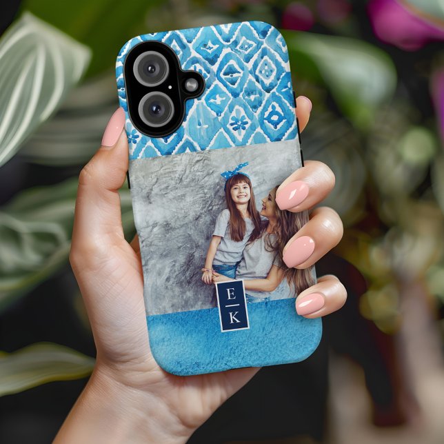 Coques Case-Mate iPhone Aquarelle bleu Boho Imprimer | Photo monographique (Créateur téléchargé)