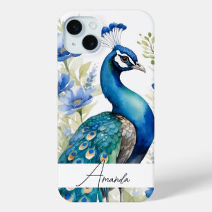 Coque Case-Mate iPhone Aquarelle bleu Fleurs sauvages Peacock texte perso