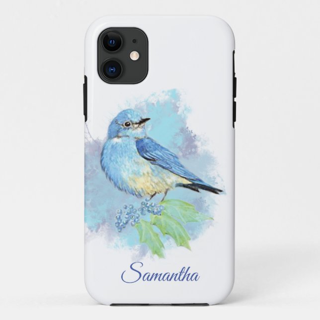 Coques Case-Mate iPhone Aquarelle Bleu Jardin Oiseau avec nom personnalisé (Dos)