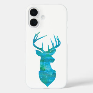 Coque Pour iPhone 16 Aquarelle bleue Cerf Silhouette
