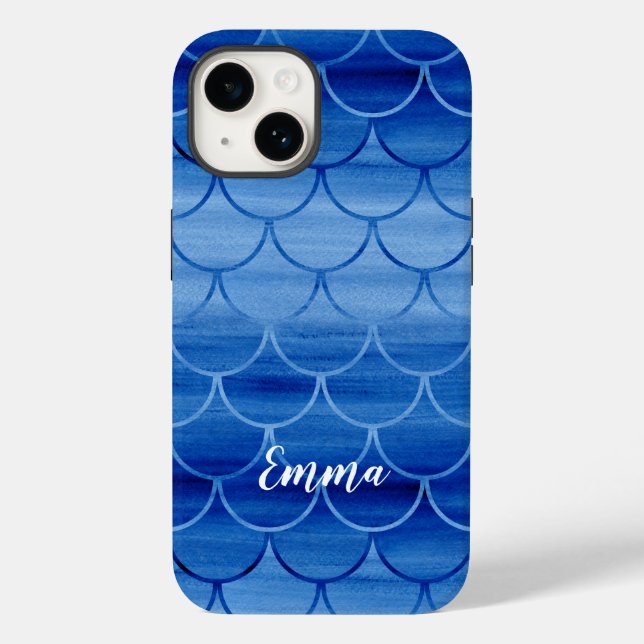 Coques Case-Mate iPhone Aquarelle bleue Échelle de sirène Motif Nom person (Verso)