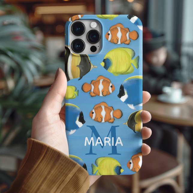 Coques Case-Mate iPhone Aquarelle bleue Monogramme personnalisé Poisson tr (Tropical Fish Pattern Personalized Monogram Phone Case.)
