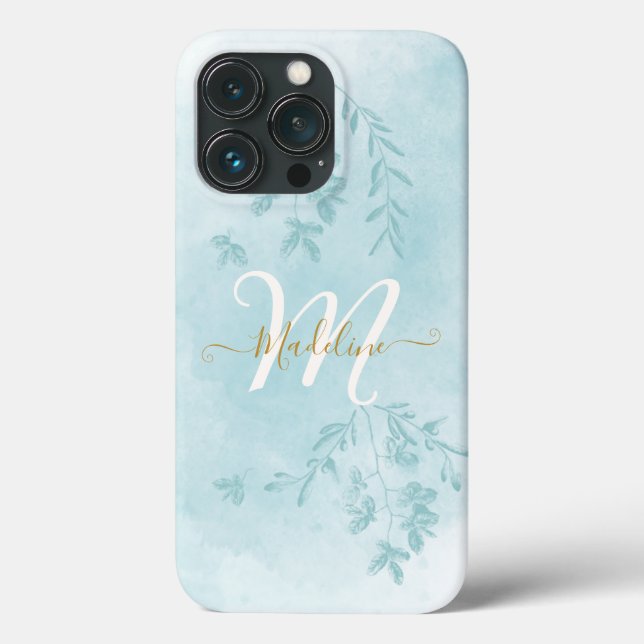 Coques Case-Mate iPhone Aquarelle Botanique Feuille Foliage Bleu Monogramm (Verso)