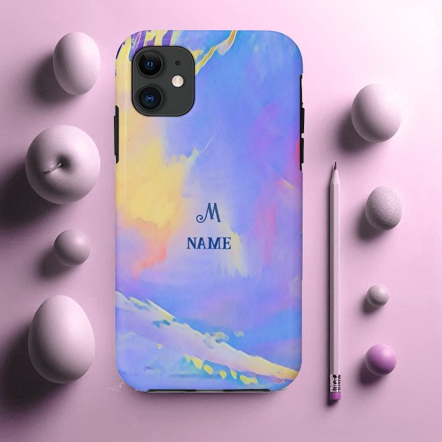 Coques Case-Mate iPhone Aquarelle Ciel Bleu Nuages Monogramme Personnalisé (Watercolor Sky Blue Clouds Monogram Personalized Case-Mate iPhone Case)