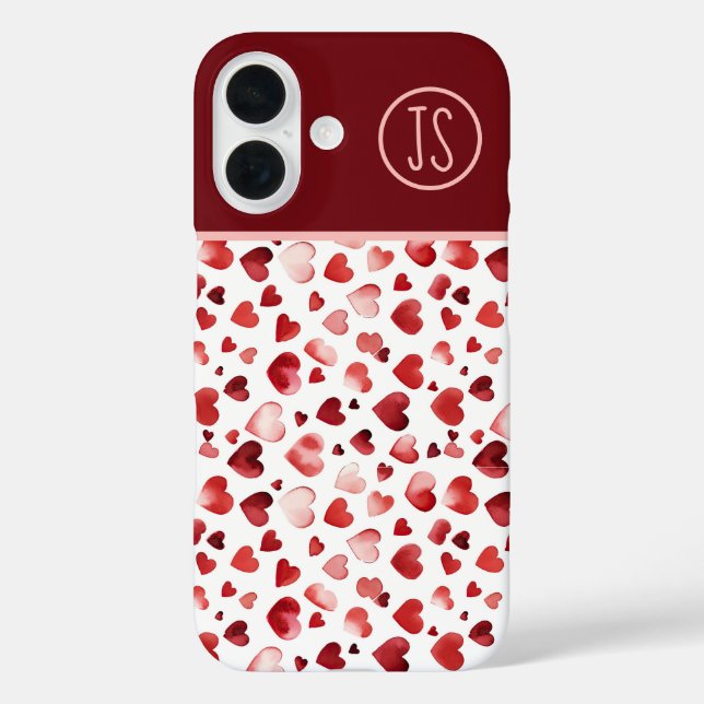 Coques Case-Mate iPhone Aquarelle Coeurs rouges Saint Valentin Monogrammé (Verso)