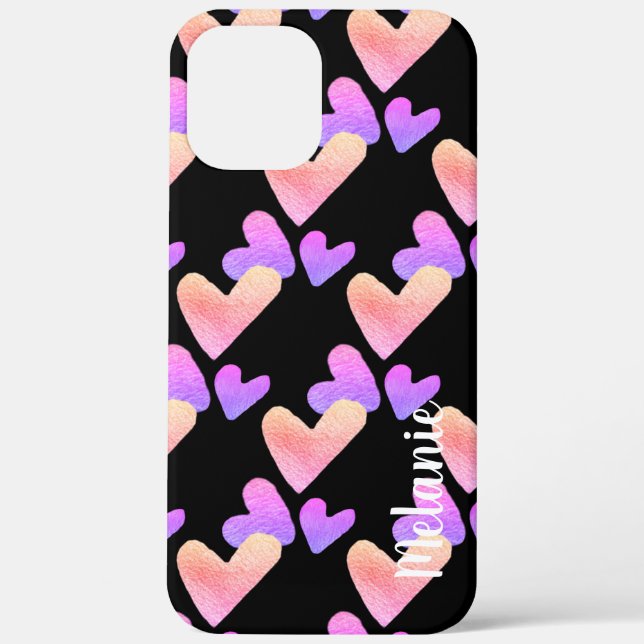Coques Case-Mate iPhone Aquarelle Coeurs violet rose gras monogramme (Verso)