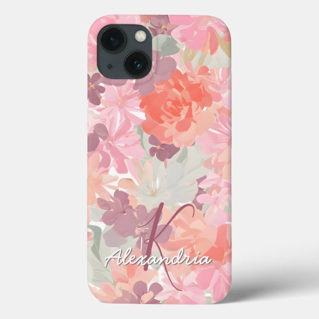 Coques Case-Mate iPhone Aquarelle Corail rose Motif Floral Nom du monogram (Verso)