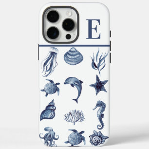 Coque iPhone 16 Pro Max Aquarelle Côtière Bleu Marine Initiale Personnalis