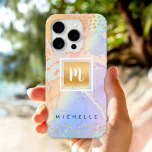 Coque iPhone 16 Pro Aquarelle couleur or violet bleu moderne nom monog