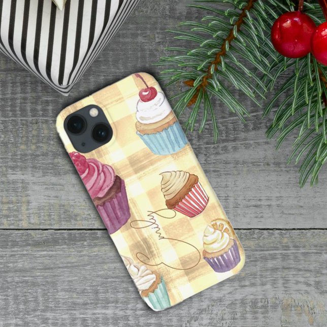 Coques Case-Mate iPhone Aquarelle Cupcake Jaune Plaid Monogramme Baker (Watercolor Cupcake Yellow Plaid Monogram Baker's Case-Mate iPhone Case)