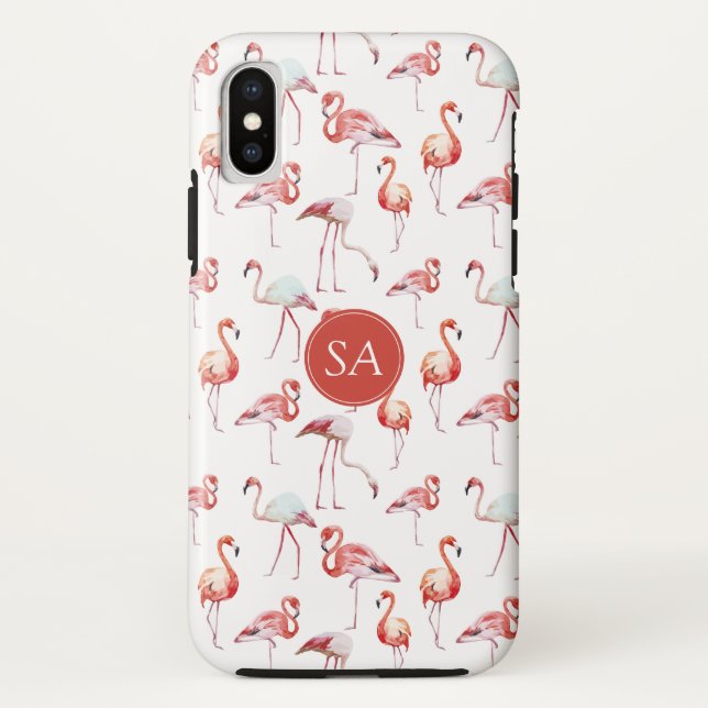 Coques Case-Mate iPhone Aquarelle de Flamant rose rose tropicale monogramm (Dos)