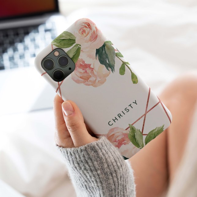 Coques Case-Mate iPhone Aquarelle d'or Rose Monogramme Floral Géométrique (Monogram modern elegant blush pink watercolor botanical floral with rose gold foil geometric frame.)