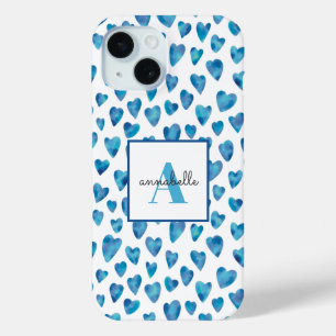 Coque Case-Mate iPhone Aquarelle du coeur bleu monogramme