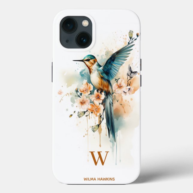 Coques Case-Mate iPhone Aquarelle Élégant Monogramme De Colibri Avec Nom (Verso)