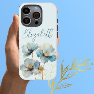 Coque iPhone 16 Pro Aquarelle Élégante Papillons Bleus Poussière Or