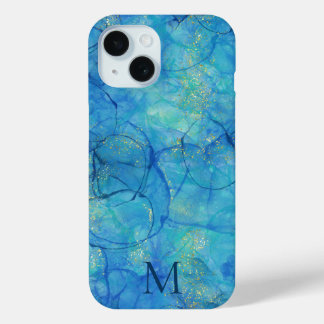 Coque Case-Mate iPhone Aquarelle encre bleu et or + monogramme