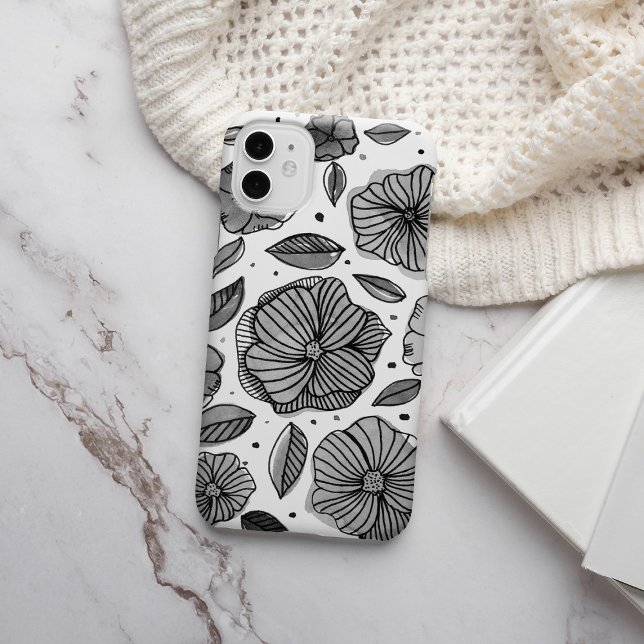 Coques Case-Mate iPhone Aquarelle et fleurs d'encre - noir et blanc (Créateur téléchargé)