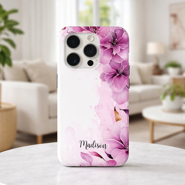 Coques Case-Mate iPhone Aquarelle Fleur sauvage rose Avec Nom (Créateur téléchargé)