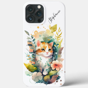 Case-Mate iPhone Case Aquarelle Floral Blanc et Chat Orange