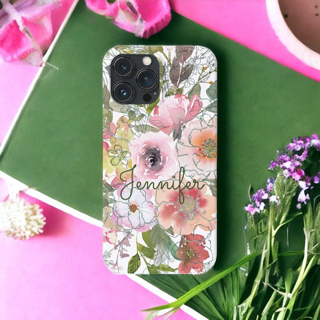 Coques Case-Mate iPhone Aquarelle Floral Rose rose Peach Sage Nom personna (Créateur téléchargé)