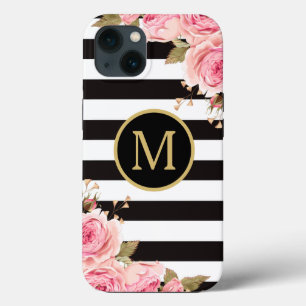 Case-Mate iPhone Case Aquarelle Florale Bandes noir et blanc Monogramme