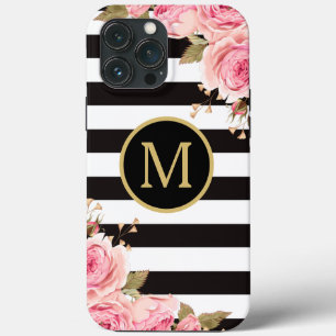 Case-Mate iPhone Case Aquarelle Florale Bandes noir et blanc Monogramme