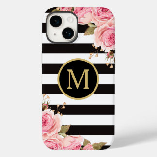Coque Case-Mate iPhone Aquarelle Florale Bandes noir et blanc Monogramme