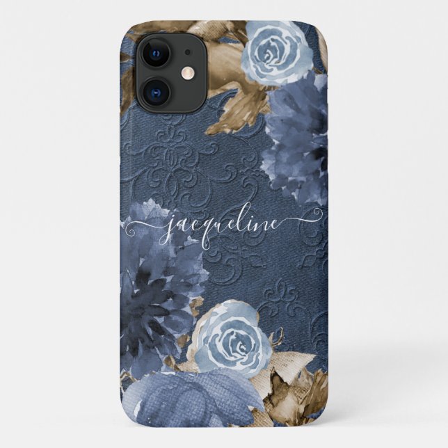 Coques Case-Mate iPhone Aquarelle florale bleu de la marine Monogramme Bro (Dos)