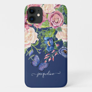 Case-Mate iPhone Case Aquarelle florale Marine Bleu Papillon Nom du scri