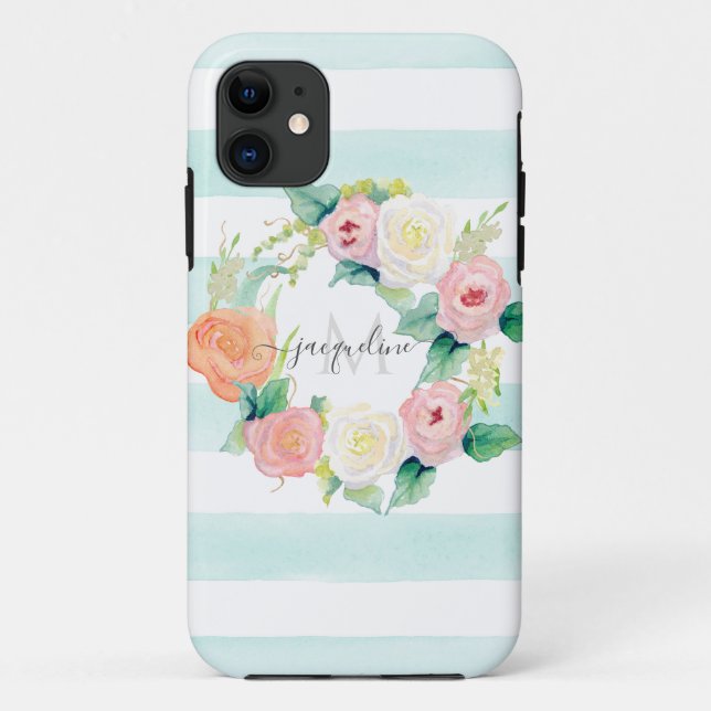 Coques Case-Mate iPhone Aquarelle florale Monnaie de courge rose rayée ave (Dos)