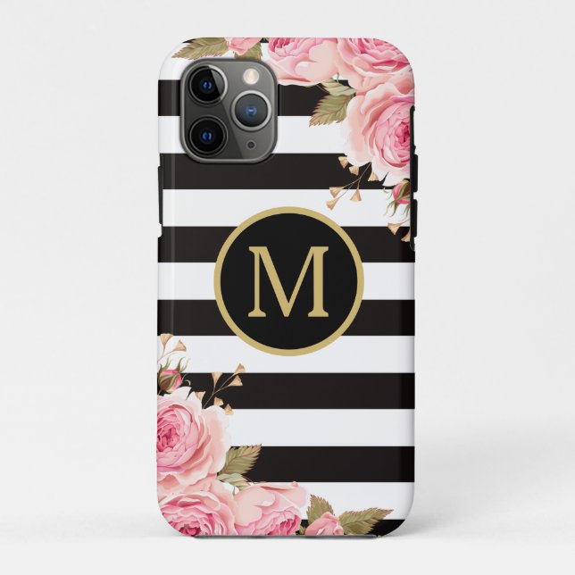 Coques Case-Mate iPhone Aquarelle Florale Nuances noir et blanc Monogramme (Dos)