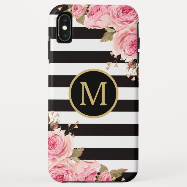 Coques Case-Mate iPhone Aquarelle Florale Nuances noir et blanc Monogramme (Dos)