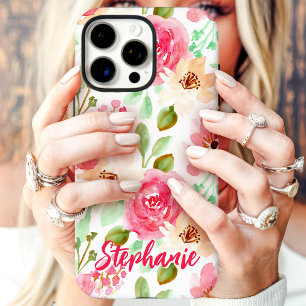 Coque iPhone 16 Pro Aquarelle Florale Rose Pêche Nom Personnalisé