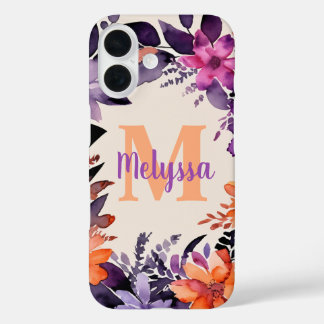 Coque Pour iPhone 16 Aquarelle florale violette et orange Nom du monogr