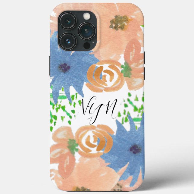 Coques Case-Mate iPhone Aquarelle Florales Pêcher Bleu Monogramme (Verso)