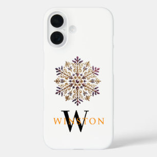Coque Pour iPhone 16 Aquarelle Golden Snowflake Magique Monogramme Blan