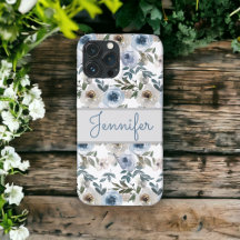 Aquarelle gris bleu foncé Floral Nom personnalisé