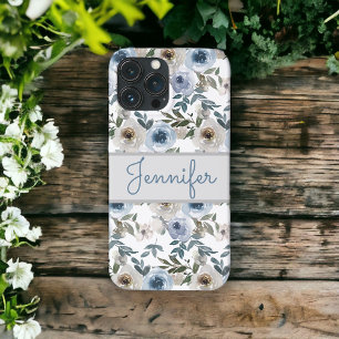 Case-Mate iPhone Case Aquarelle gris bleu foncé Floral Nom personnalisé
