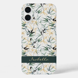 Coque Pour iPhone 16 Plus Aquarelle japonais vert Motif en bambou d'or