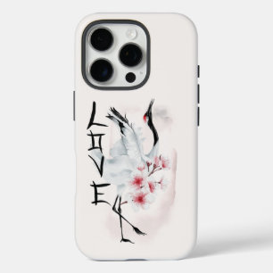 Coque iPhone 16 Pro Aquarelle Japonaise Sakura Blossom Love Crane