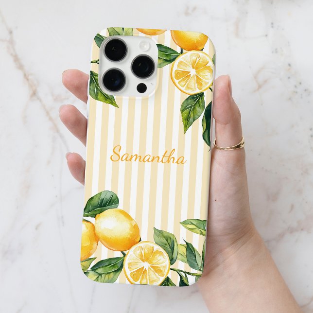 Coques Case-Mate iPhone Aquarelle Lemon Yellow Stripes Nom personnalisé (Watercolor Lemon Yellow Stripes Personalized Name Case-Mate iPhone Case)